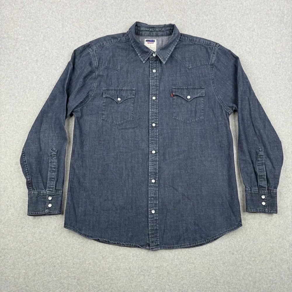 Levis Shirt Mens XL Blue Denim Pearl‎ Snap Long Sleeve Western Rodeo Pockets